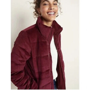 Old Navy Women's Oversize Puffer Wine Corduroy Padded Jacket Pockets Zip Large‎